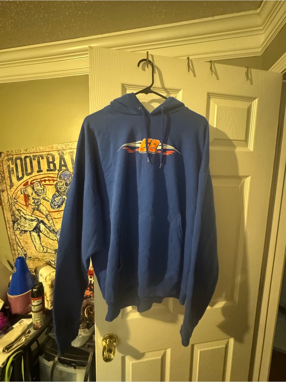 Hanes Royal Blue Hoodie with Orange & White Graphic